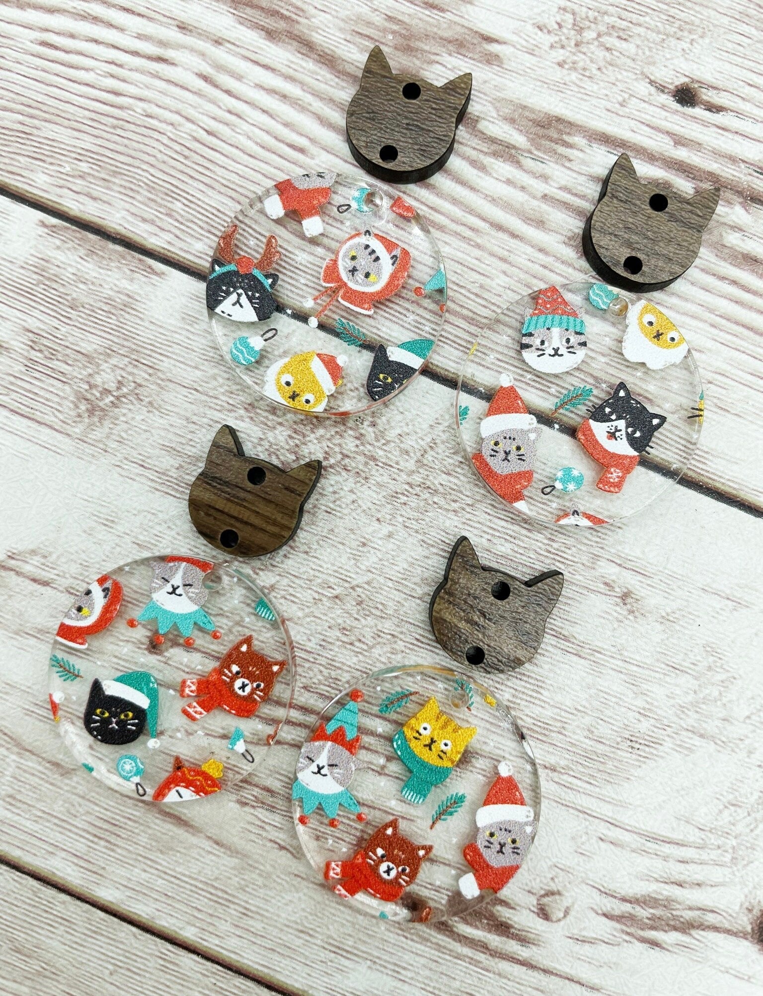 Christmas Winter Cat Print Acrylic and Wood Cat Connector Set Earring Blanks, DIY Jewelry Making