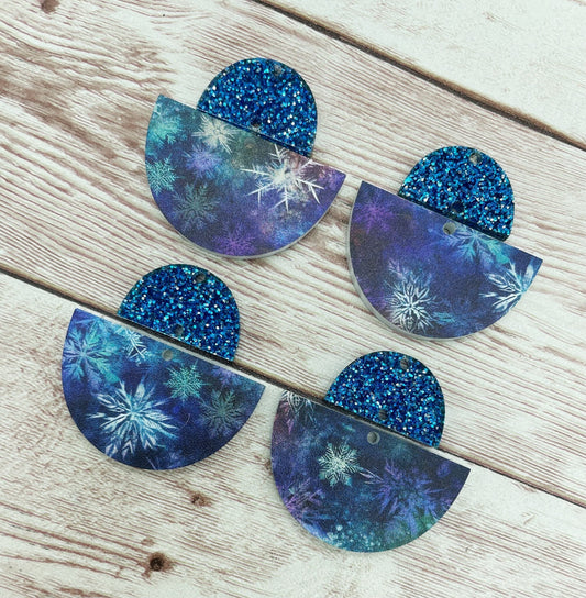 Snowflake Print Half Circle Acrylic and Blue Glitter Acrylic Connector Set Earring Blanks, DIY Jewelry Making