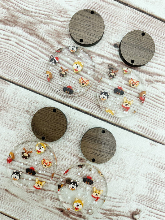 Winter Christmas Dog Print Acrylic and Wood Circle Set Earring Blanks, DIY Jewelry Making