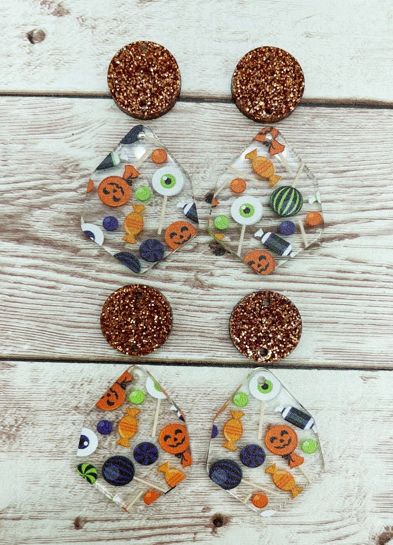 Patterned Halloween Candy Acrylic and Orange Glitter Circle Set Earring Blanks, DIY Jewelry Making