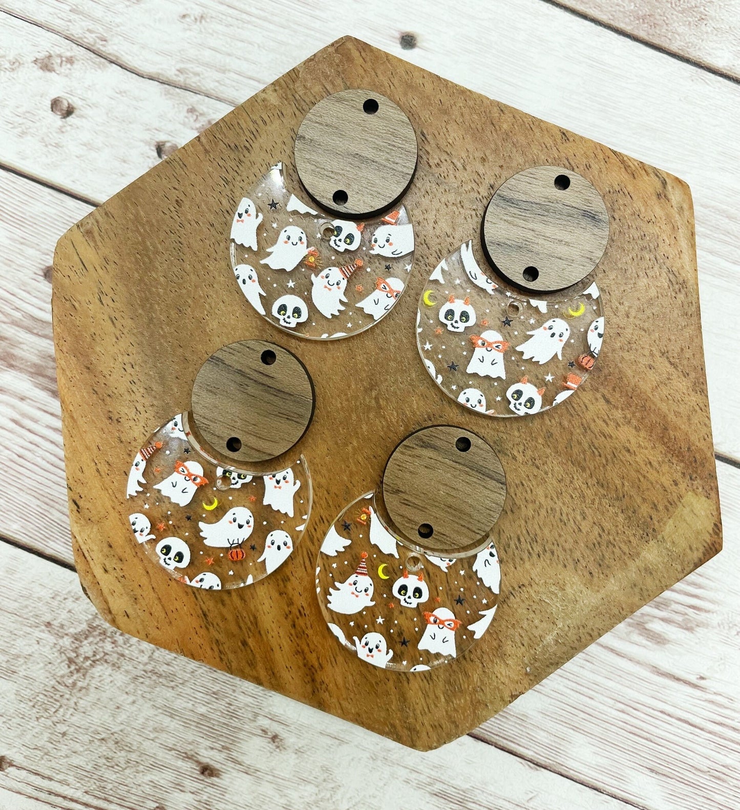 Patterned Halloween Ghost Acrylic and Wood Circle Set Earring Blanks, DIY Jewelry Making