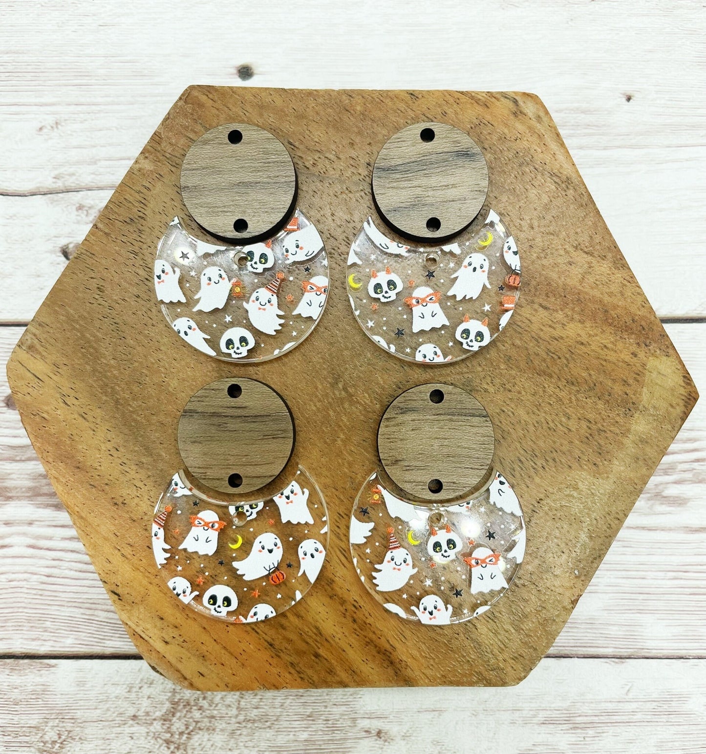 Patterned Halloween Ghost Acrylic and Wood Circle Set Earring Blanks, DIY Jewelry Making