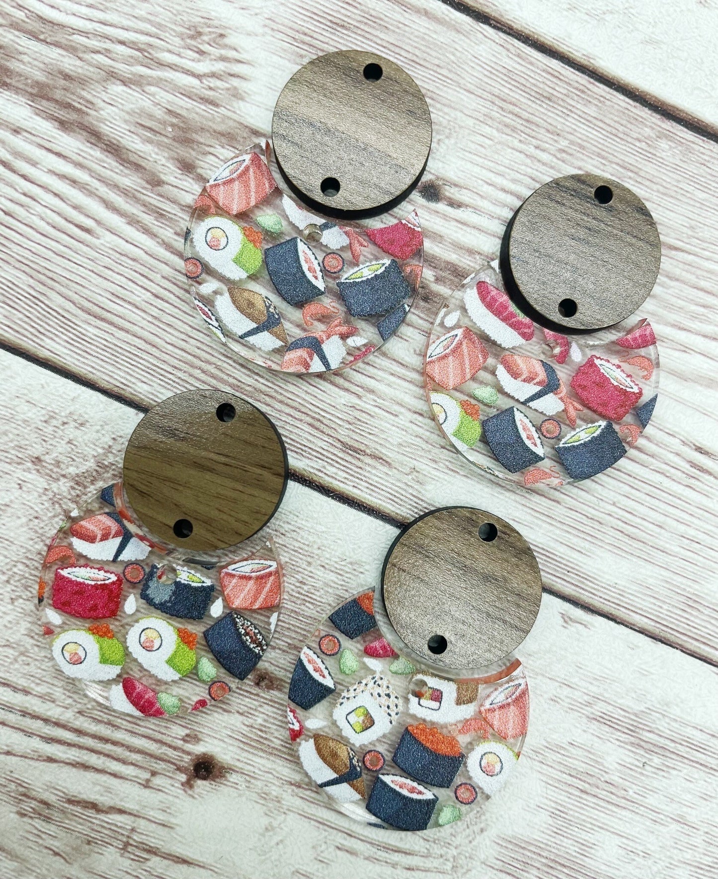 Sushi Print Acrylic and Wood Circle Set Earring Blanks, DIY Jewelry Making