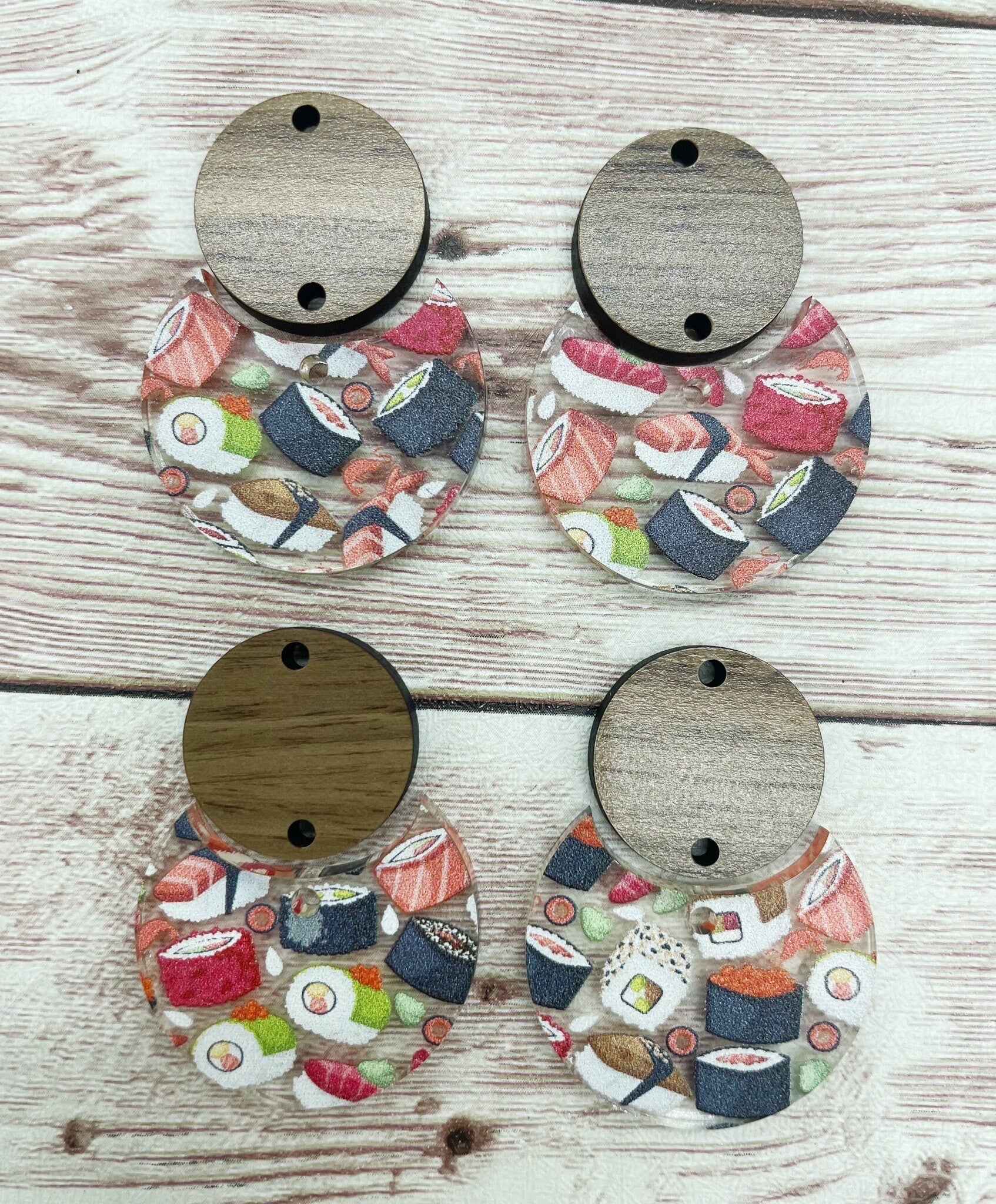 Sushi Print Acrylic and Wood Circle Set Earring Blanks, DIY Jewelry Making