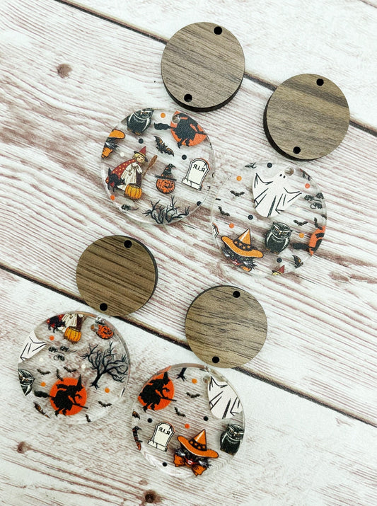 Vintage Halloween Print Acrylic and Wood Circle Set Earring Blanks, DIY Jewelry Making