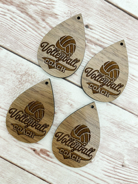 Wood Engraved Volleyball Coach Earring Blanks, Finished Walnut Blank, DIY Jewelry Making