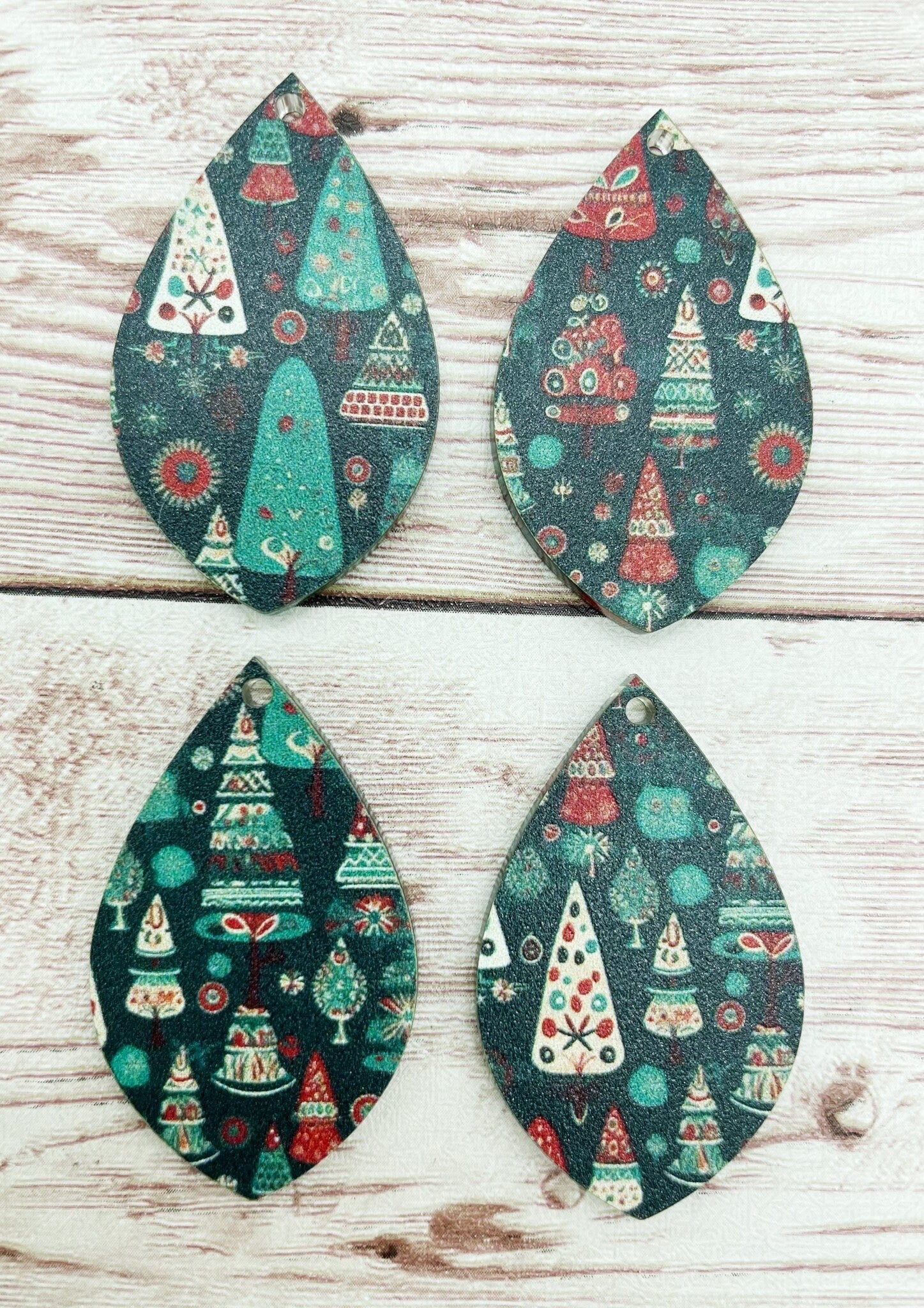 Patterned Green Mixed Christmas Tree Print Acrylic Teardrop Earring Blanks, DIY Jewelry Making