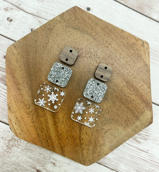 Winter Snowflake Print Acrylic Silver Glitter Acrylic and Wood Square Trio Set Earring Blanks, DIY Jewelry Making