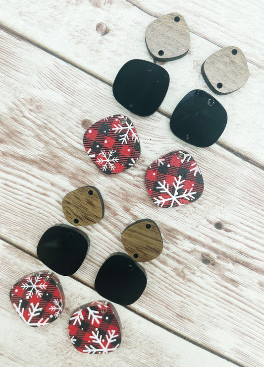 Winter Buffalo Plaid Snowflake Print Acrylic Black Acrylic and Wood Trio Set Earring Blanks, DIY Jewelry Making