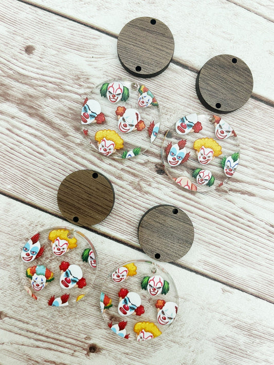 Scary Clown Acrylic and Wood Circle Set Halloween Earring Blanks, DIY Jewelry Making