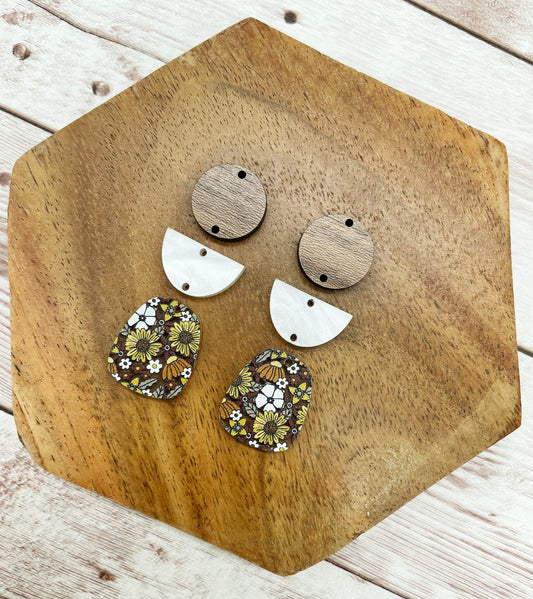 70s Floral Acrylic and Wood Trio Set Earring Blanks, DIY Jewelry Making