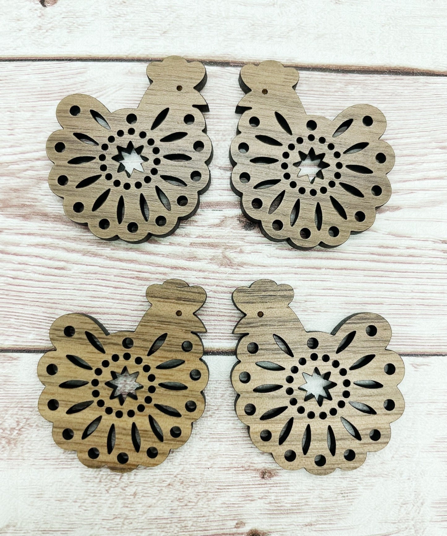 Wood Intricate Chicken Farm Earring Blanks, Finished Walnut Blank, DIY Jewelry Making