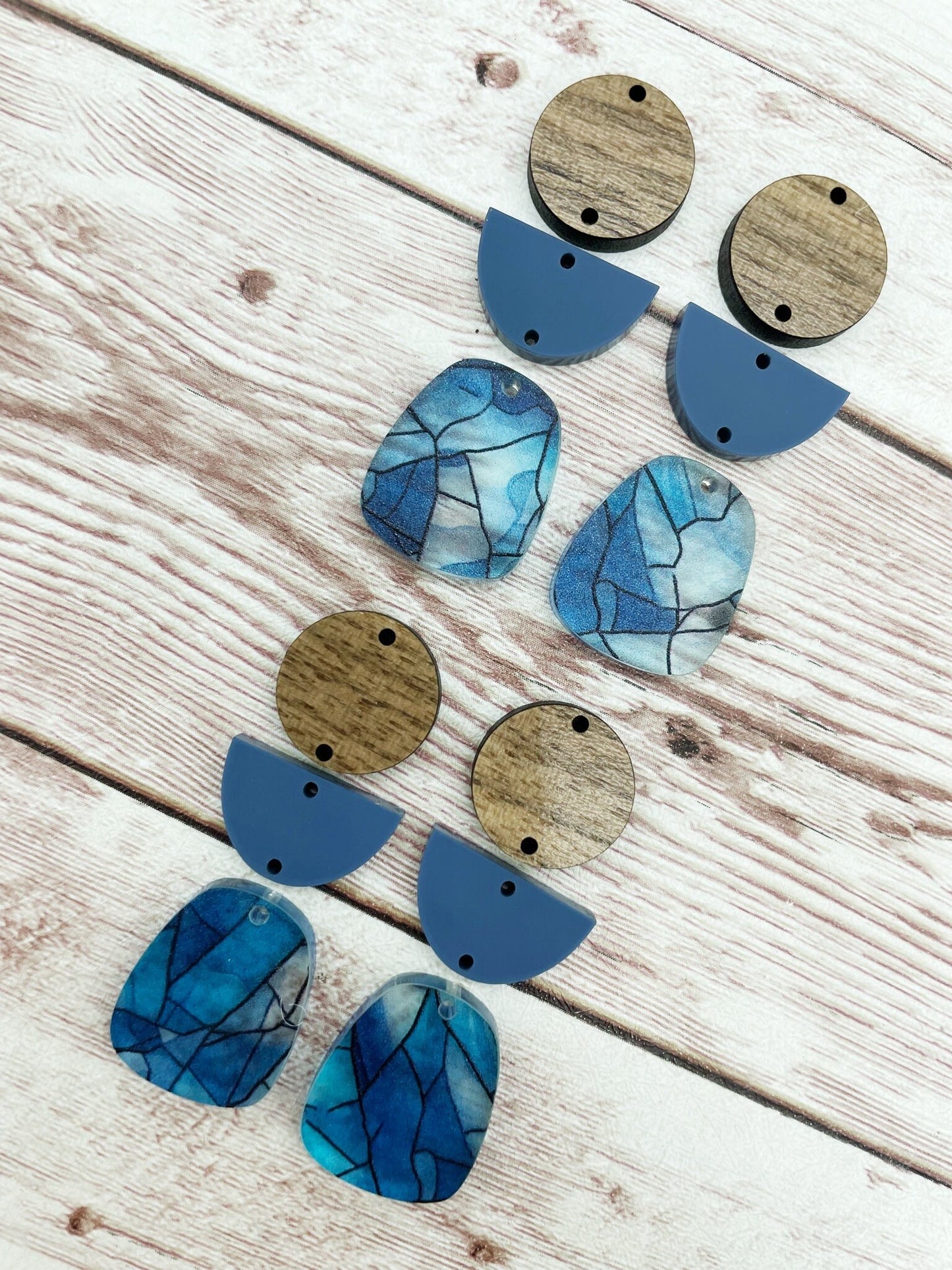 Blue Stained Glass Acrylic and Wood Trio Set Earring Blanks, DIY Jewelry Making