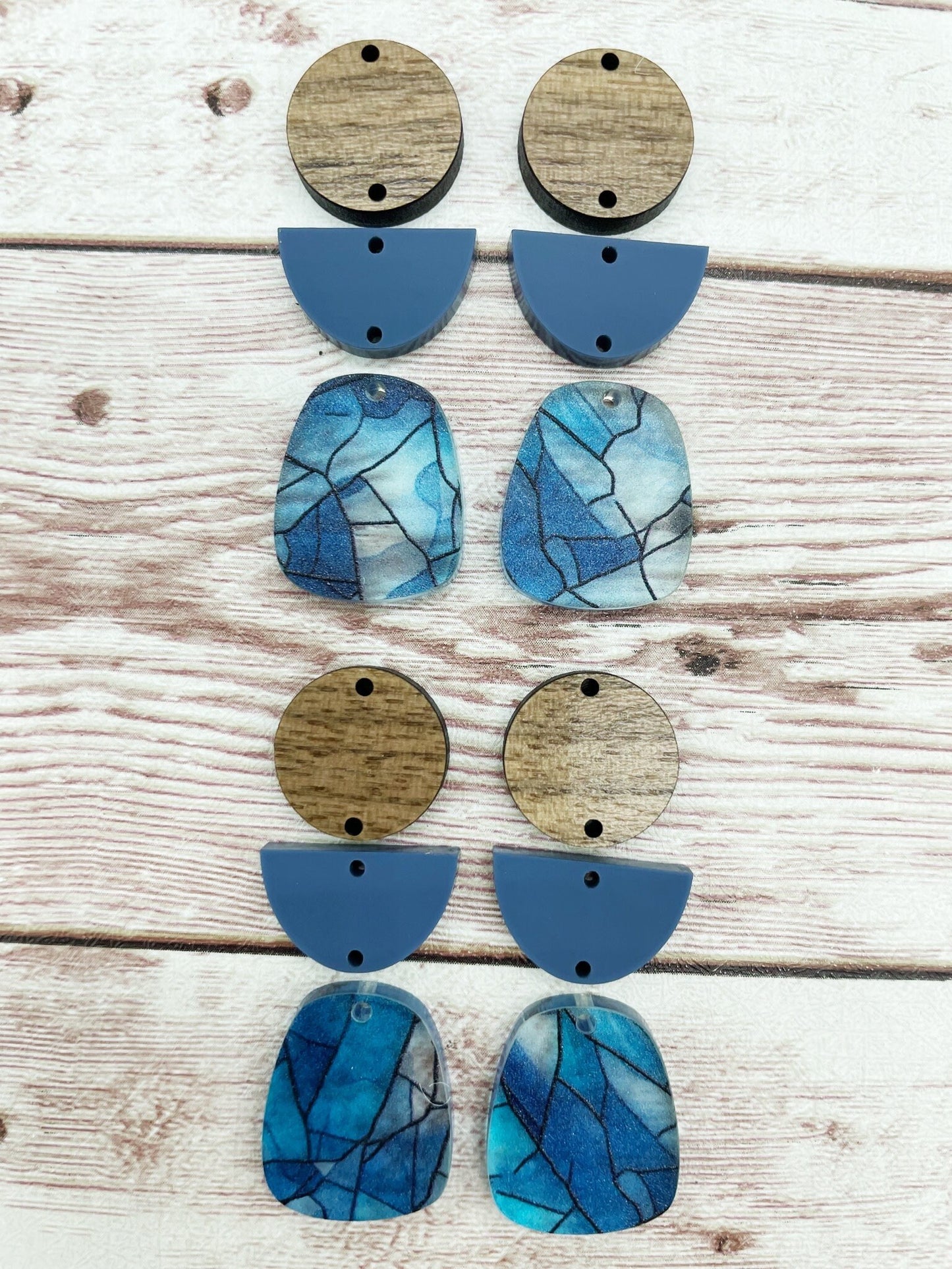 Blue Stained Glass Acrylic and Wood Trio Set Earring Blanks, DIY Jewelry Making