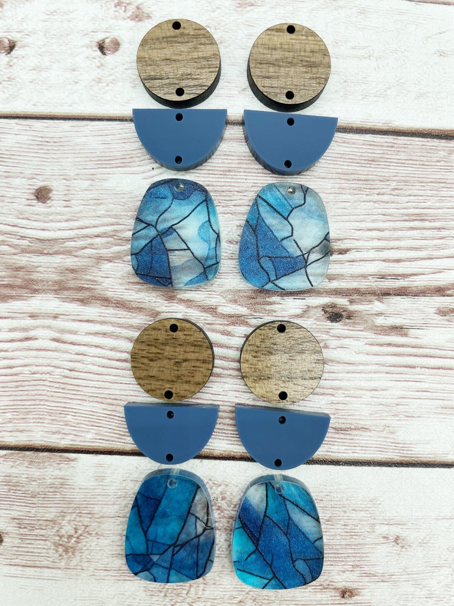 Blue Stained Glass Acrylic and Wood Trio Set Earring Blanks, DIY Jewelry Making