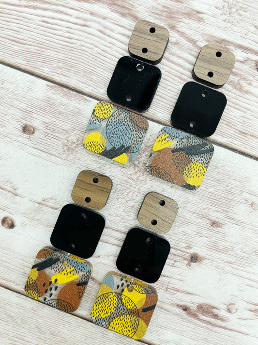 Neutral Retro Acrylic Black Acrylic and Wood Square Trio Set Earring Blanks, DIY Jewelry Making