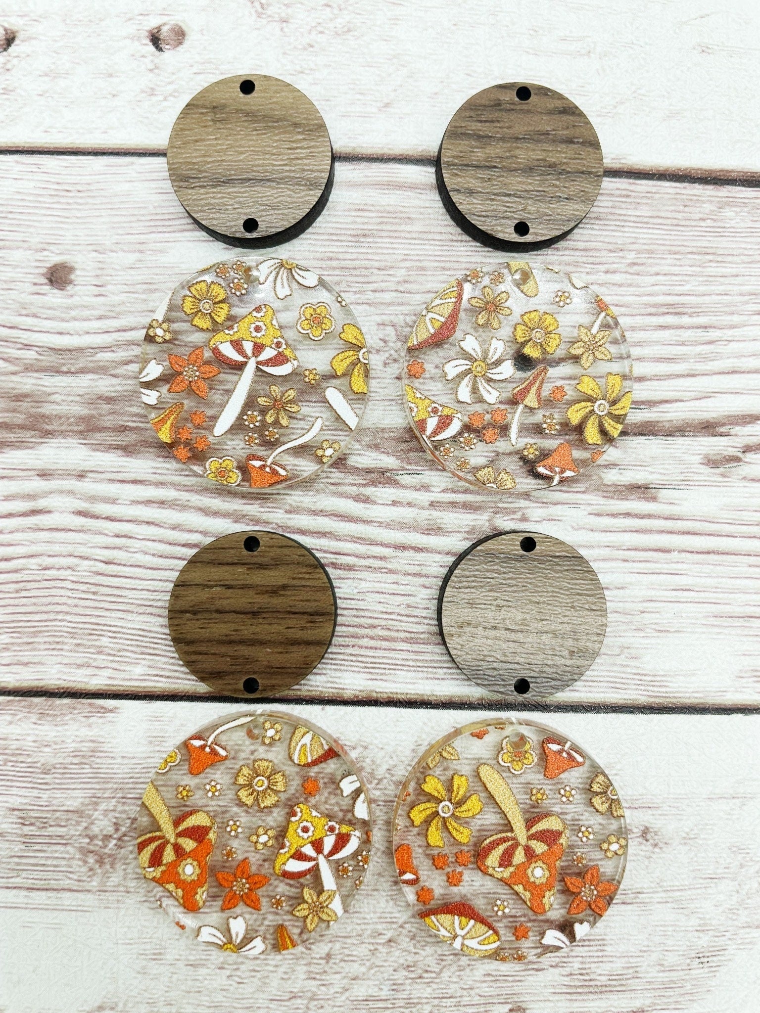 70s Floral Mushroom Print Acrylic and Wood Circle Set Earring Blanks, DIY Jewelry Making