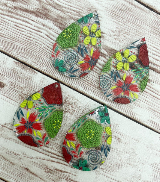 Patterned Freeform Christmas Floral Print Acrylic Teardrop Earring Blanks, DIY Jewelry Making