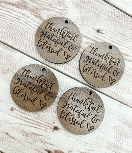 Wood Circle Engraved Thankful Grateful and Blessed Earring Blanks, Finished Walnut Blank, DIY Jewelry Making