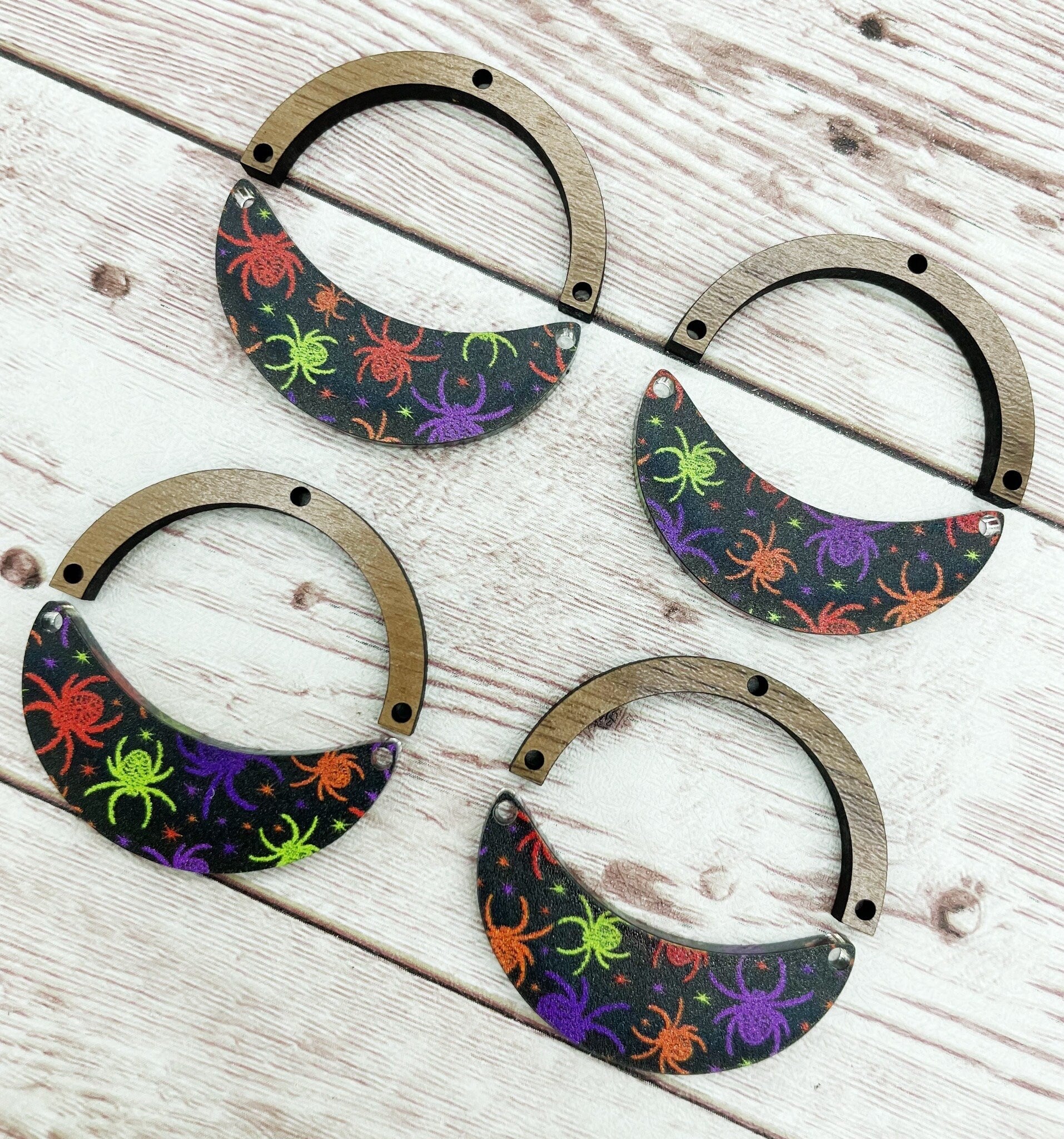 Spider Print Acrylic Halloween and Wood Arch Crescent Earring Blanks, DIY Jewelry Making