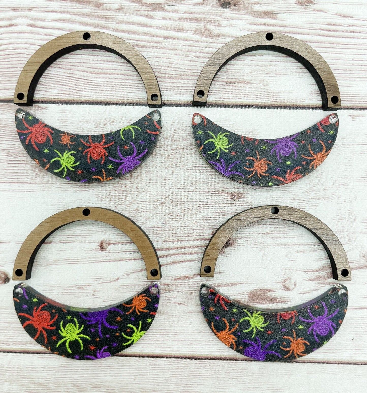 Spider Print Acrylic Halloween and Wood Arch Crescent Earring Blanks, DIY Jewelry Making