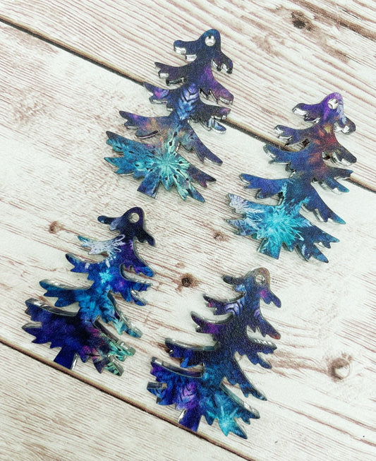 Patterned Blue Purple Snowflake Print Christmas Tree Acrylic Earring Blanks, DIY Jewelry Making