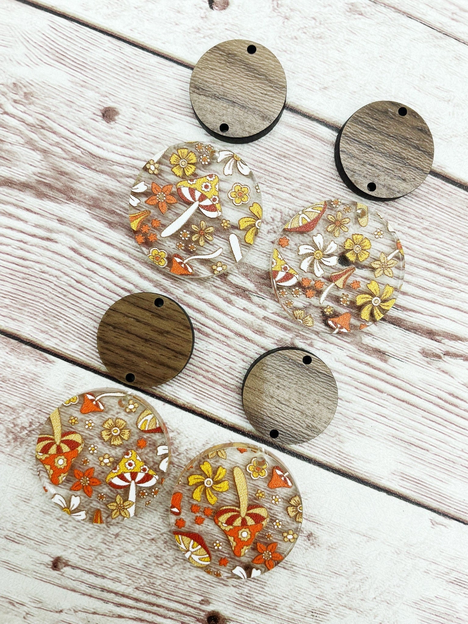 70s Floral Mushroom Print Acrylic and Wood Circle Set Earring Blanks, DIY Jewelry Making