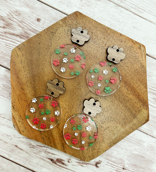 Christmas Paw Print Acrylic and Wood Paw Connector Set Earring Blanks, DIY Jewelry Making