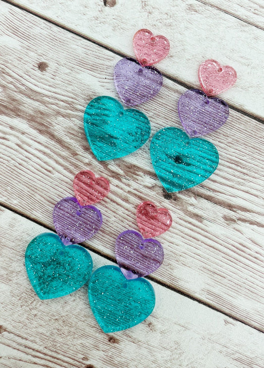 Glitter Jelly Acrylic Stacked Heart Trio Valentine’s Earring Blanks, DIY Jewelry Making