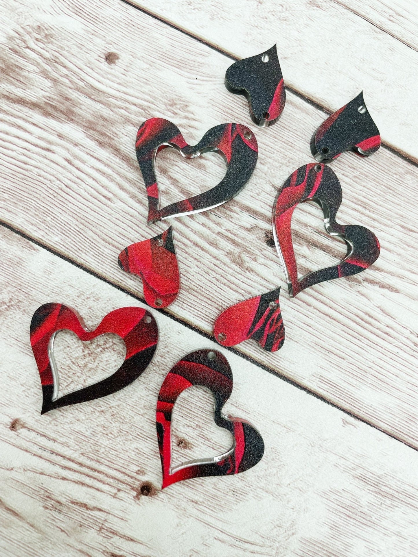 Red and Black Rose Petal Double Heart Acrylic Earring Blanks, DIY Jewelry Making