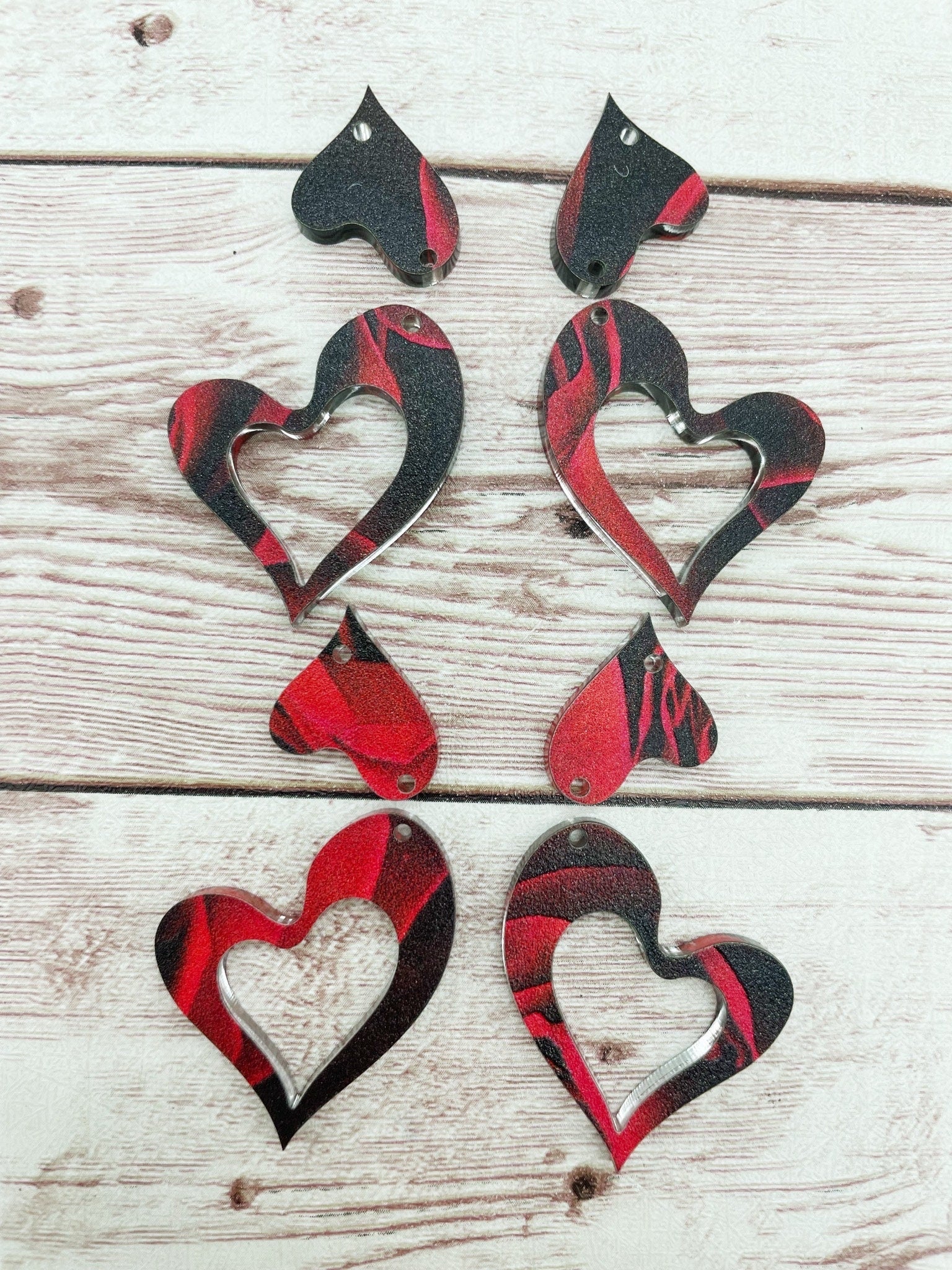 Red and Black Rose Petal Double Heart Acrylic Earring Blanks, DIY Jewelry Making