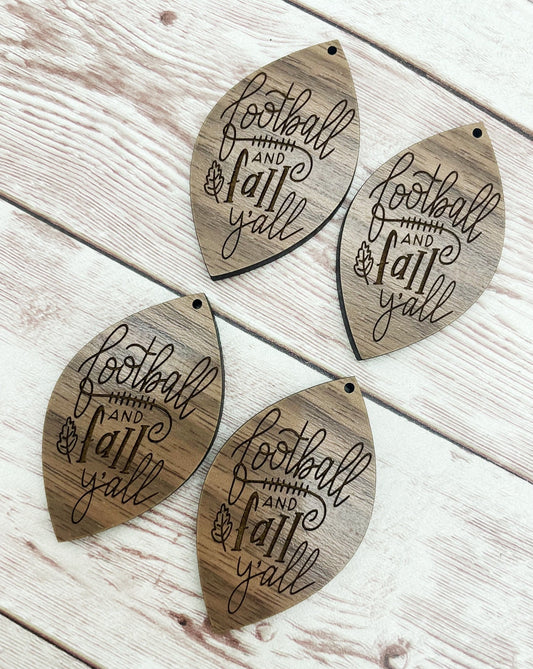 Wood Teardrop Engraved Football and Fall Earring Blanks, Finished Walnut Blank, DIY Jewelry Making