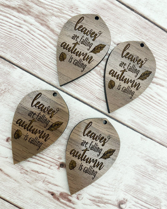 Wood Teardrop Engraved Leaves are Falling Earring Blanks, Finished Walnut Blank, DIY Jewelry Making