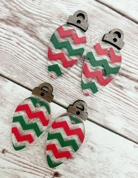 Christmas Zigzag Print Lightbulb Acrylic and Wood Connector Set Earring Blanks, DIY Jewelry Making