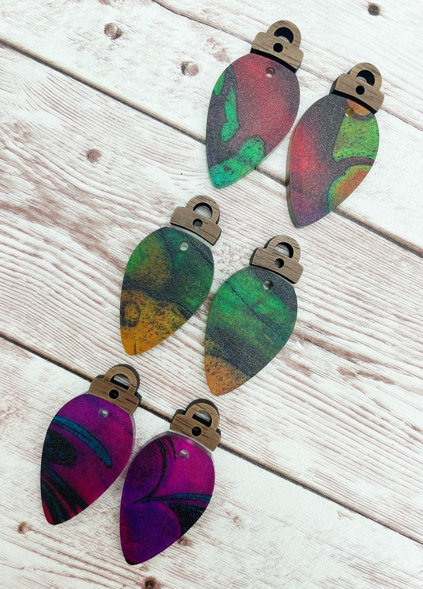 Christmas Colorful Print Lightbulb Acrylic and Wood Connector Set Earring Blanks, DIY Jewelry Making
