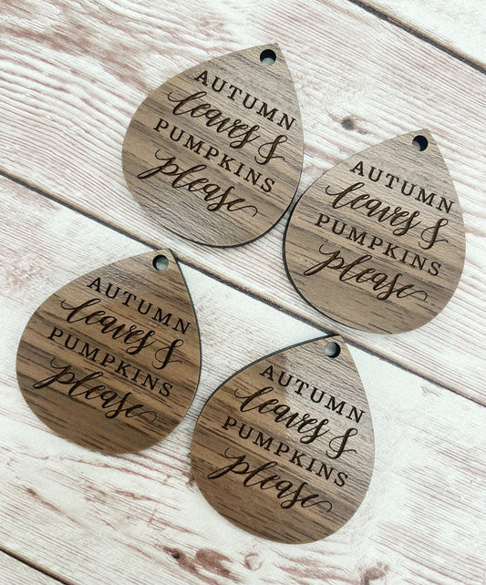 Wood Teardrop Engraved Autumn Leaves and Pumpkins Earring Blanks, Finished Walnut Blank, DIY Jewelry Making