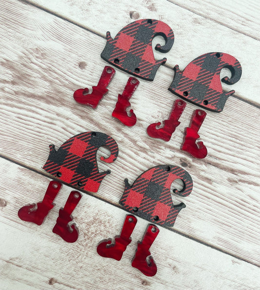 Red Black Plaid Elf Patterned Wood and Acrylic Christmas Earring Blanks, DIY Jewelry Making