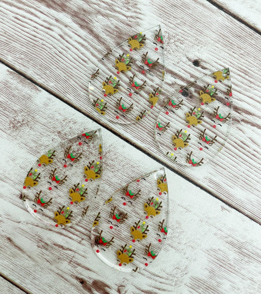 Patterned Reindeer Print Christmas Acrylic Teardrop Earring Blanks, DIY Jewelry Making