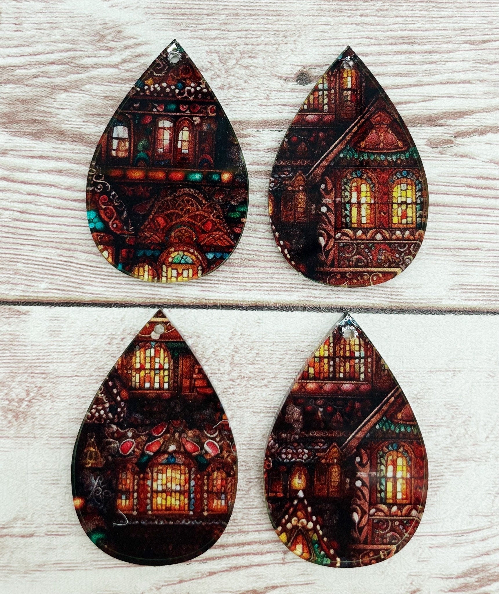 Patterned Christmas Cottage Scene Acrylic Teardrop Earring Blanks, DIY Jewelry Making