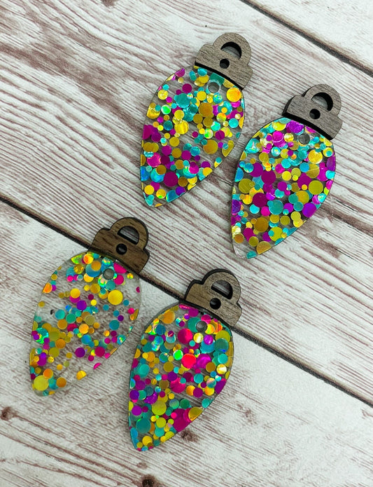 Christmas Glitter Dot Lightbulb Acrylic and Wood Connector Set Earring Blanks, DIY Jewelry Making