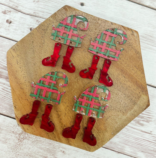 Red Green Patterned Elf Acrylic Christmas Earring Blanks, DIY Jewelry Making