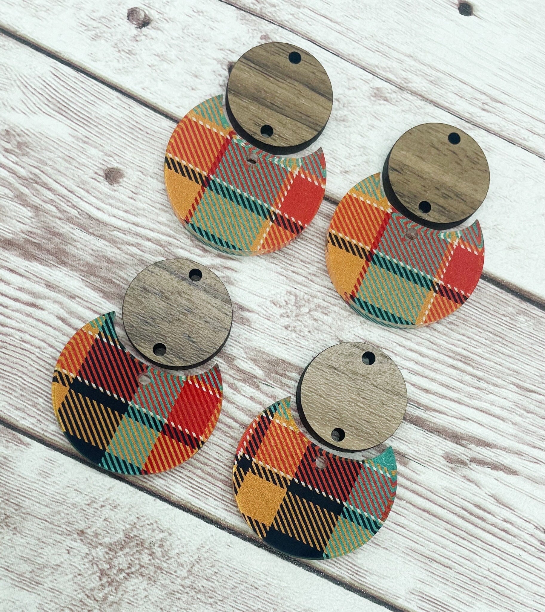 Patterned Black Plaid Acrylic and Wood Circle Set Earring Blanks, DIY Jewelry Making