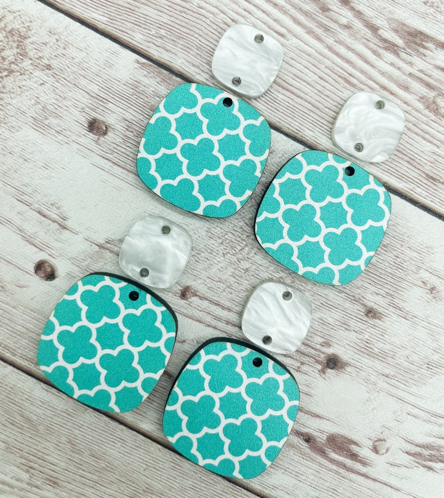 Patterned Aqua Print Wood and Acrylic Rounded Square Set Earring Blanks, DIY Jewelry Making