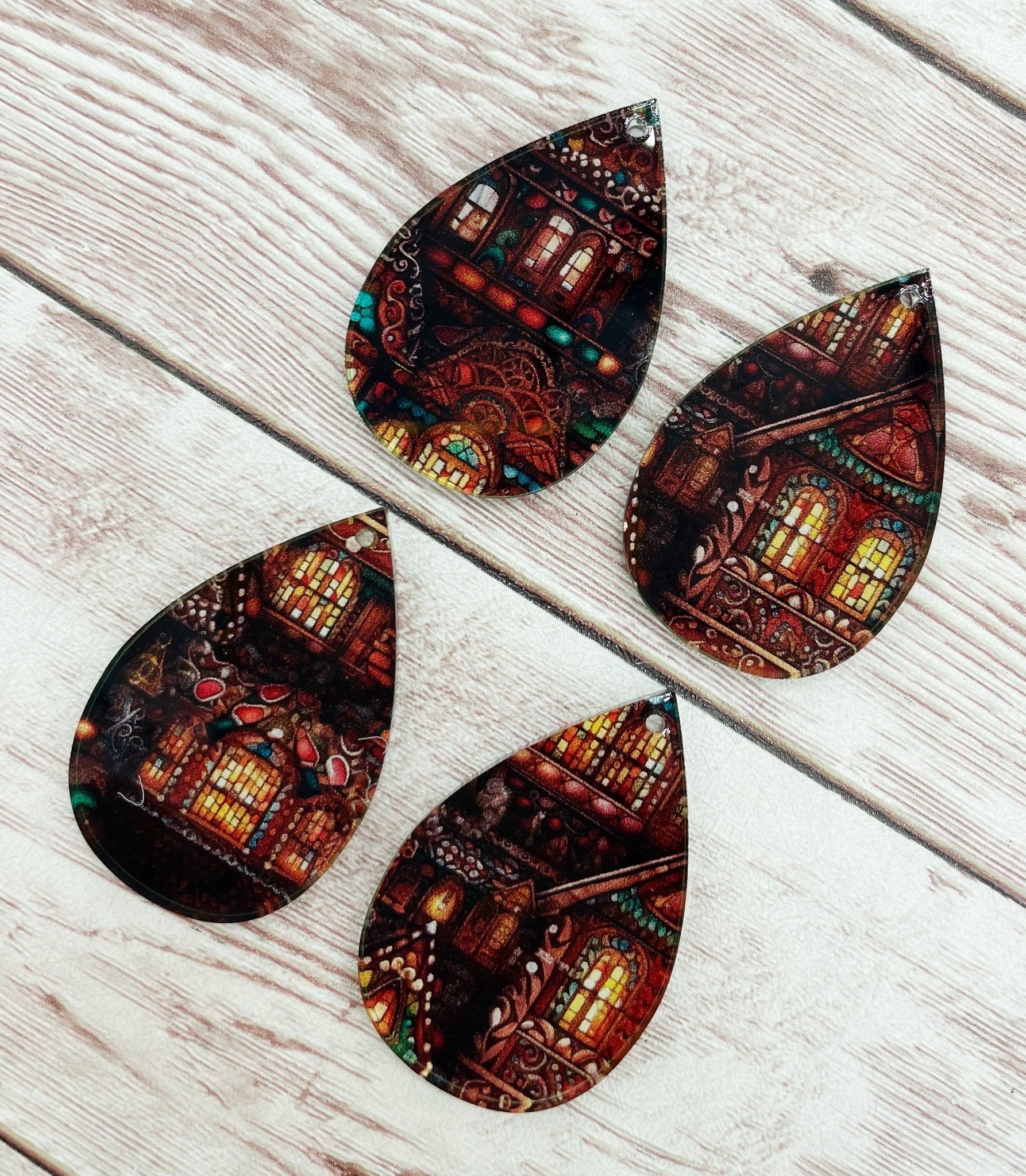 Patterned Christmas Cottage Scene Acrylic Teardrop Earring Blanks, DIY Jewelry Making