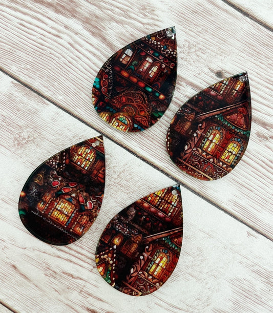 Patterned Christmas Cottage Scene Acrylic Teardrop Earring Blanks, DIY Jewelry Making