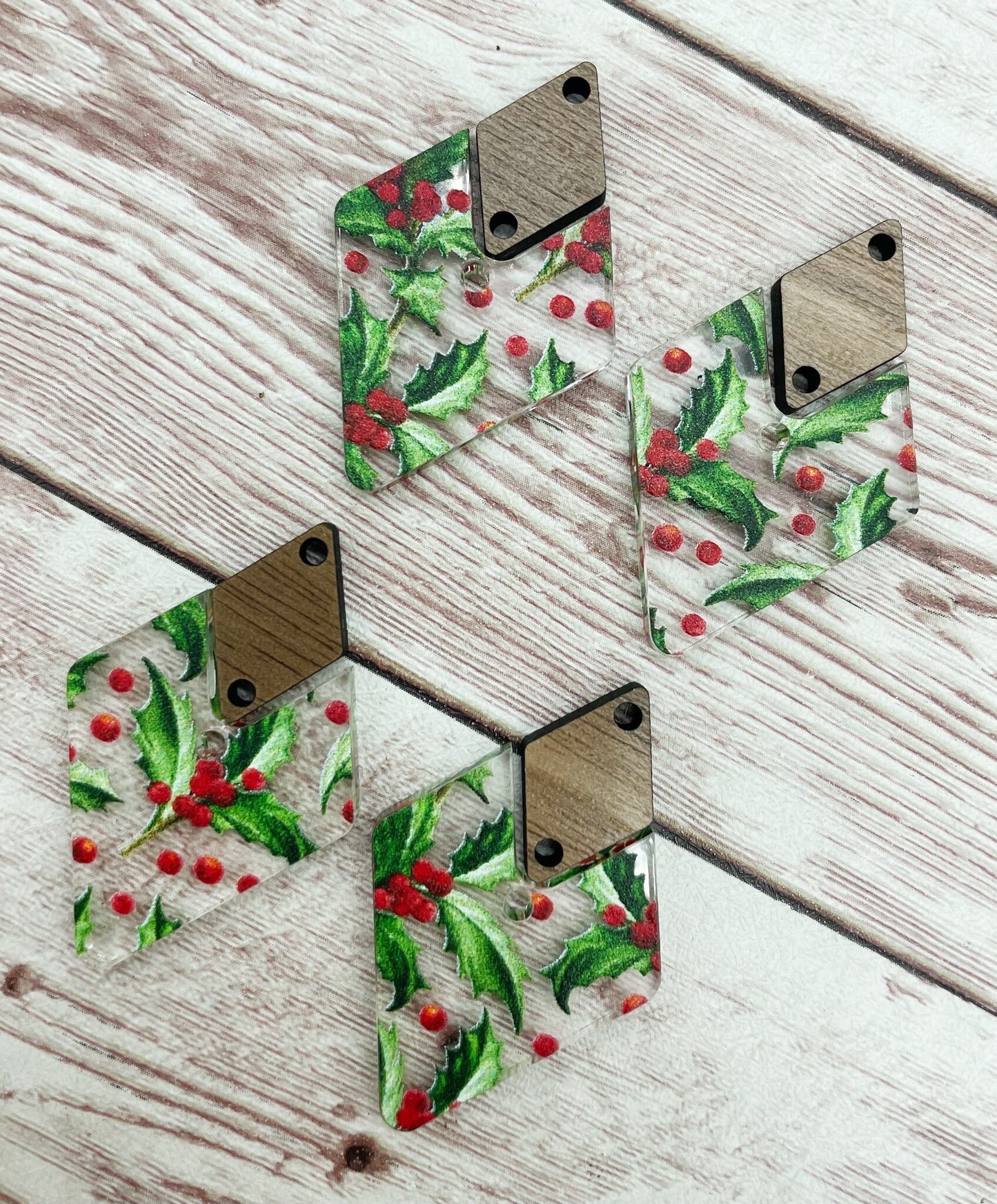 Christmas Winter Holly Berry Acrylic and Wood Diamond Connector Set Earring Blanks, DIY Jewelry Making