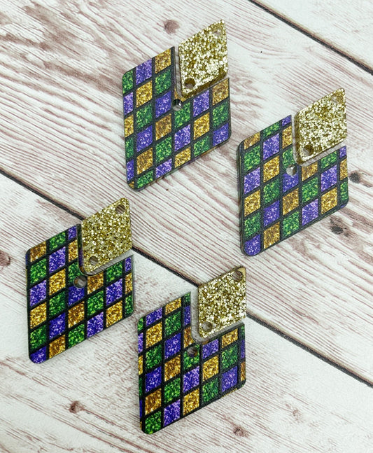 Mardi Gras Print Acrylic and Diamond Glitter Connector Set Earring Blanks, DIY Jewelry Making