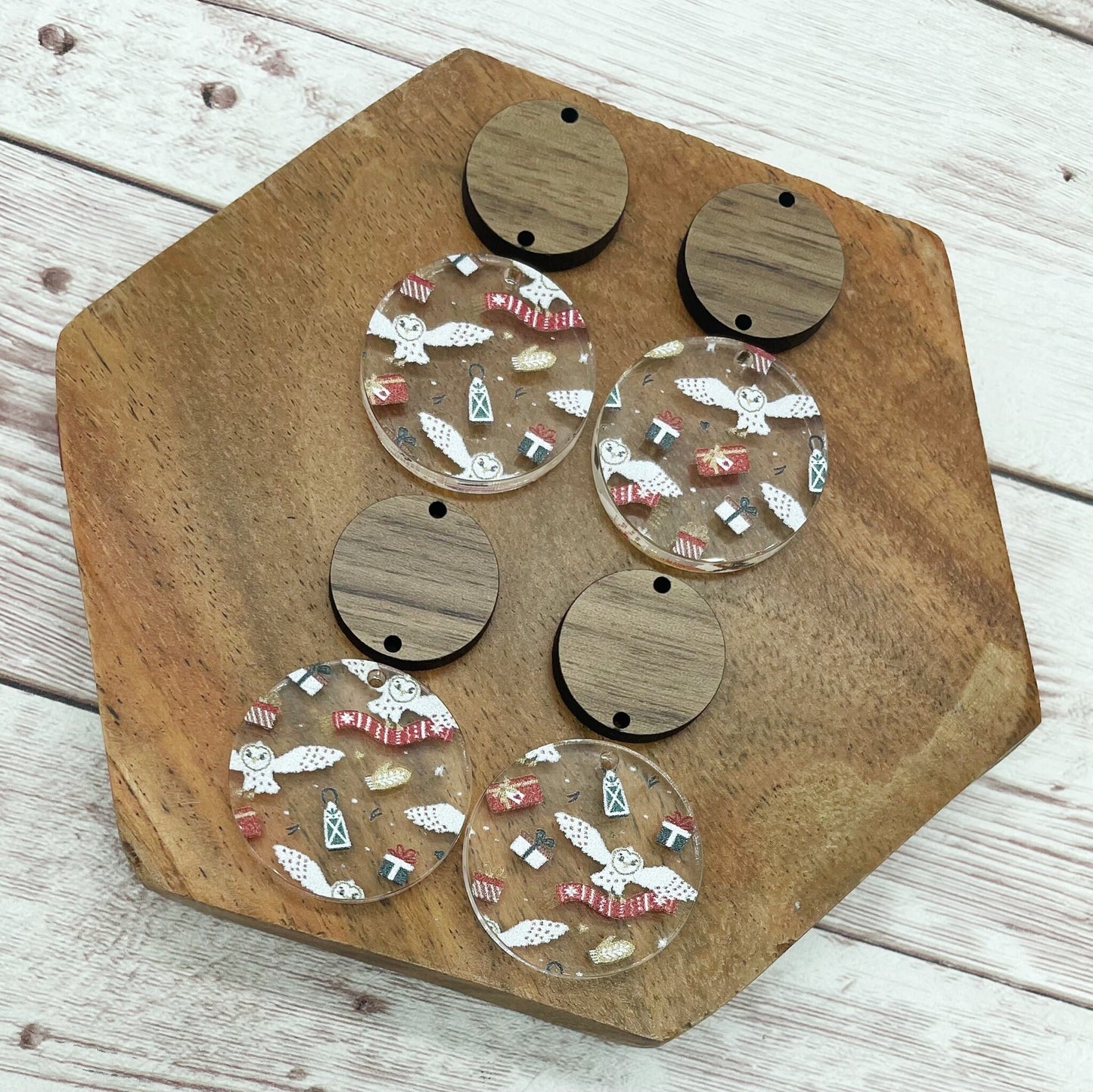 Patterned Winter Owl and Present Acrylic and Wood Circle Set Earring Blanks, DIY Jewelry Making