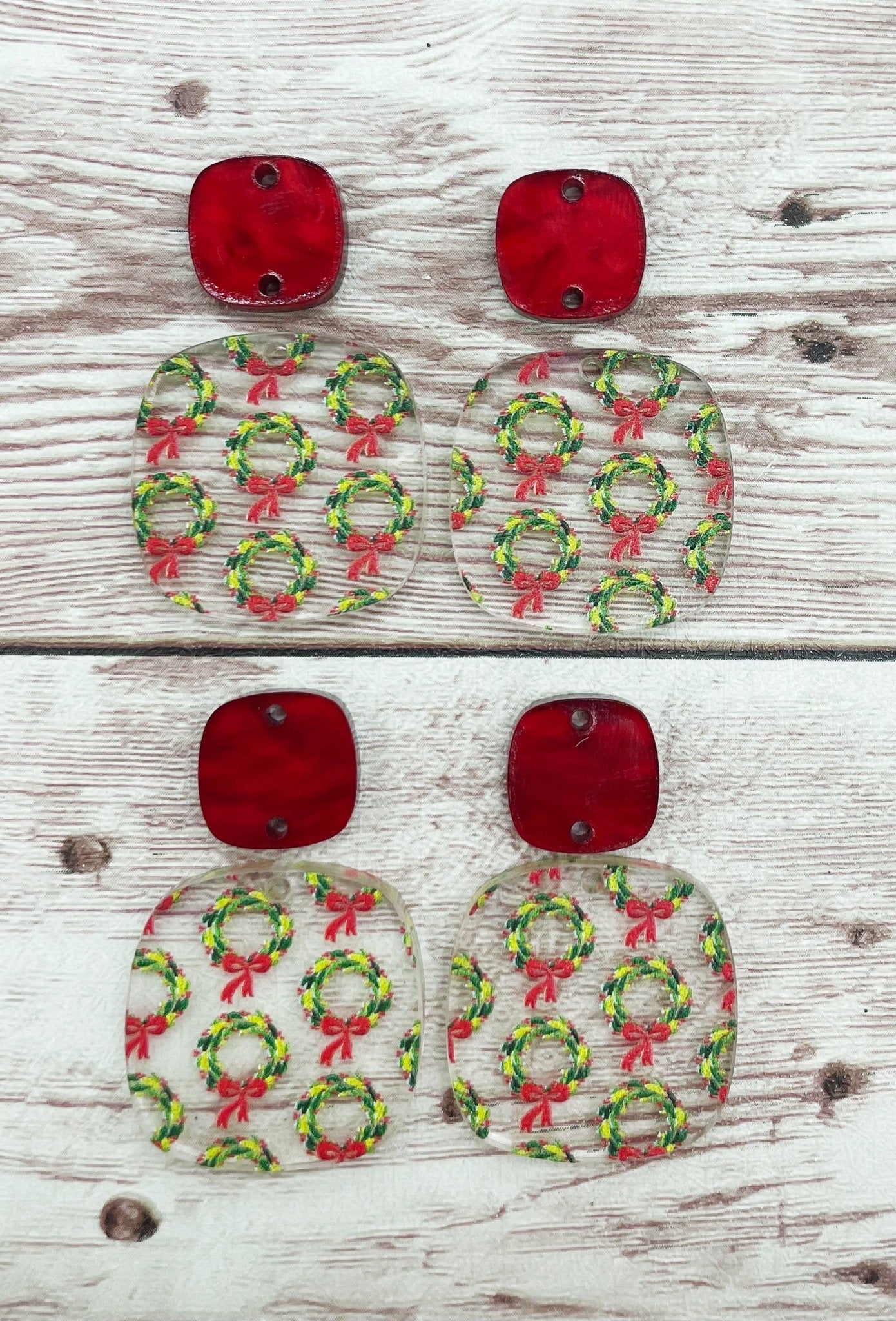 Christmas Winter Vintage Wreath Acrylic Rounded Square Earring Set Blanks, DIY Jewelry Making