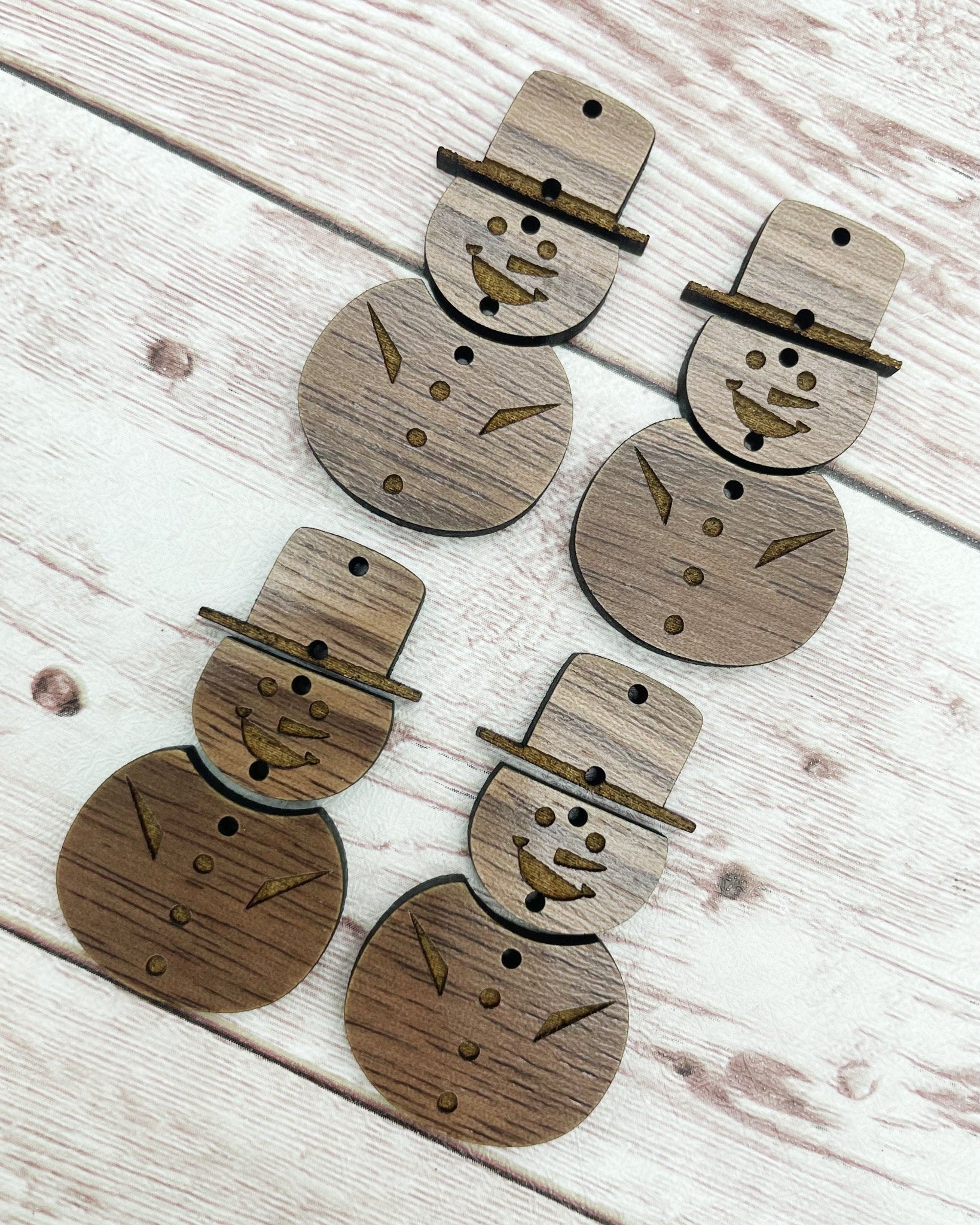 Wood Engraved Winter Snowman Trio Earring Blanks, Finished Walnut Blank, DIY Jewelry Making